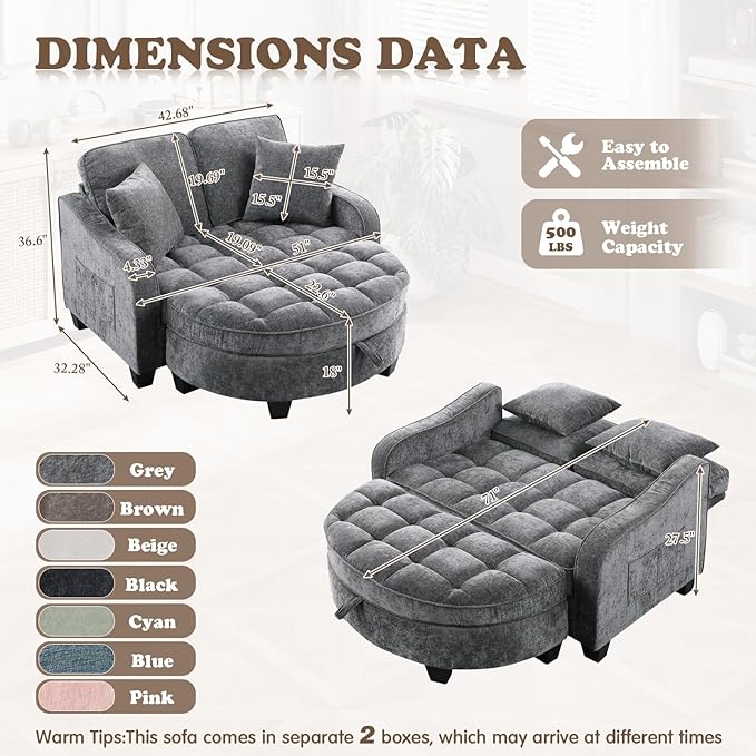Oversized Chaise Lounge Chair Indoor with Ottoman, Chenille Tufted Comfy Loveseat Sofa Chair with Adjustable Backrest, Fluffy Recliner Sofa, Convertible Couch Sleeper Bed for Living Room(51"W, Grey)