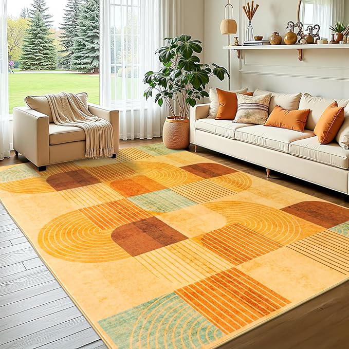 Large 9x12 Area Rugs for Living Room, Washable Modern Geometric Rug for Bedroom, Soft Non-Slip Indoor Floor Abstract Carpet for Dining Room Nursery Home Decor，Multi/Orange