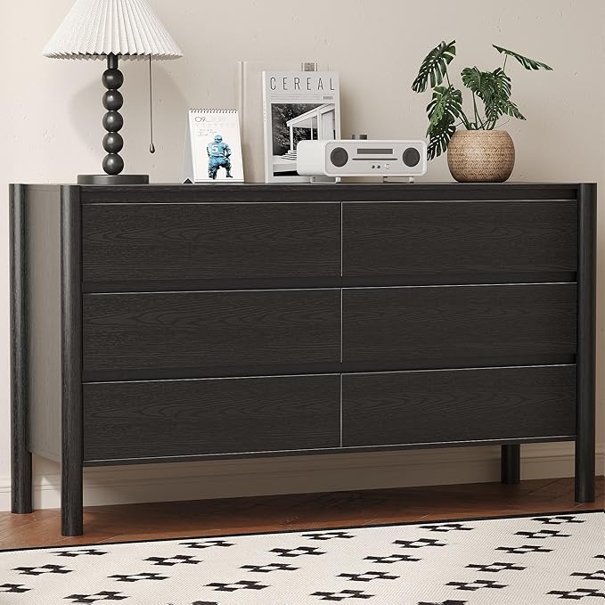 Dresser for Bedroom,6-Drawers,47" Wide Farmhouse Large Dressers & Chest,4 Solid Wood Legs,TV Stand, Storage Organizer Furniture for Bedroom(Black)