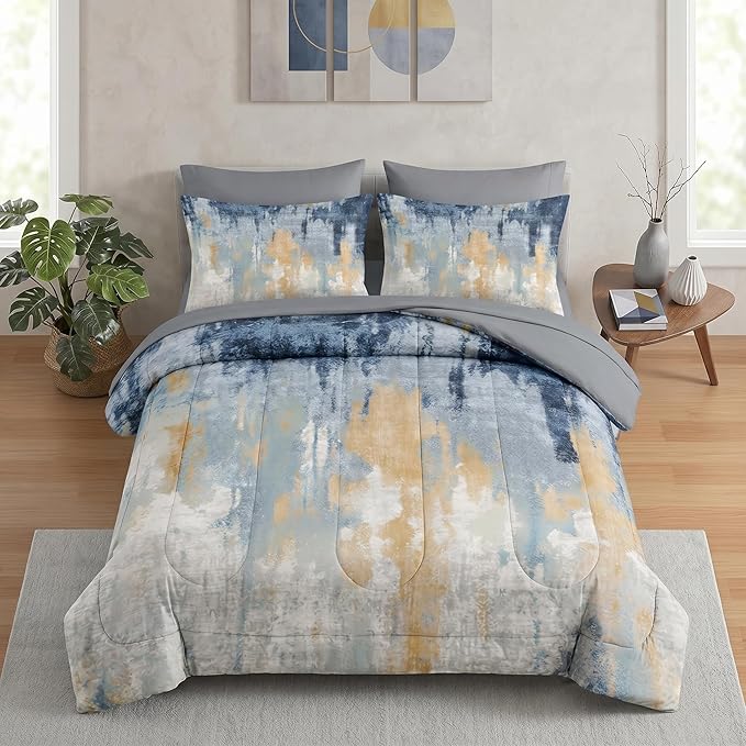 Nesker 7 Pcs Comforter Set Queen Size, Navy Blue Gray Gold White Bedding Set for Kids and Adults, Abstract Oil Painting Bed Sheet Sets with Fitted Sheet 2 Pillowcases & 2 Shams