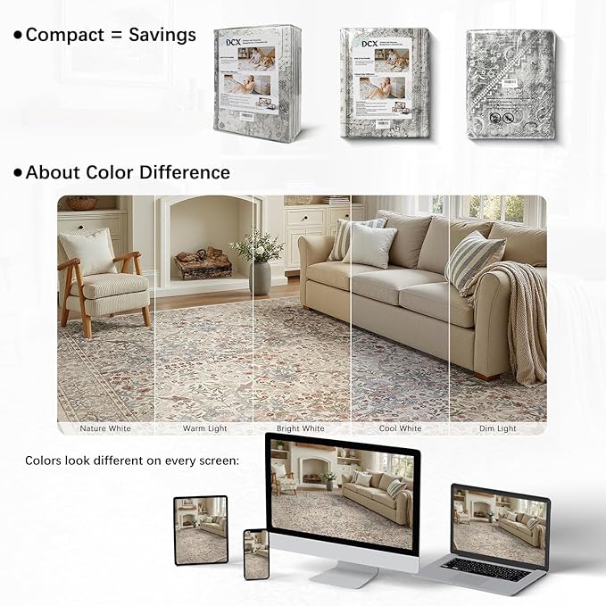 DCX Beige 6x9 Area Rug, Machine Washable Non Slip Stain Resistant Soft Vintage Floral Rug, for Living Room, Bedroom, Dining Room, Soft Low Pile Large Carpet