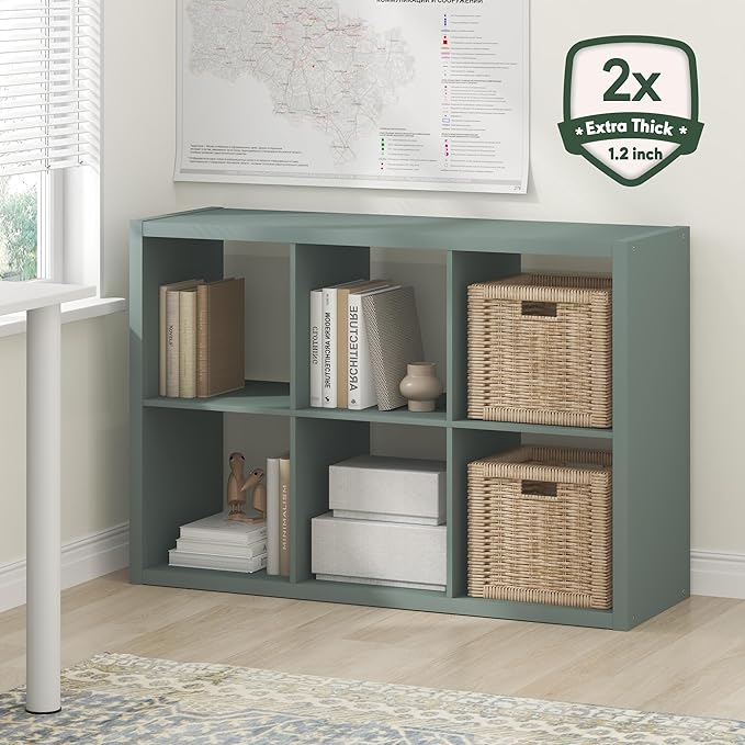 Furinno Cubicle Book Shelf, 6-Cube Bookshelf, Extra Thick Frame Horizontally & Vertically Reversible Bookcase with Open Back, 14.6" x 44" x 30", for Living Room, Bedroom, Home Office, Sage Green