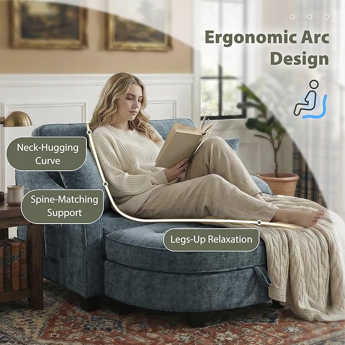 Round Chaise Lounge Chair with Storage Ottoman, Oversized Bubble Chair and a Half Featuring Adjustable Backrest, Plush Reading Accent Chair and Ottoman Set for Bedroom, Navy Blue