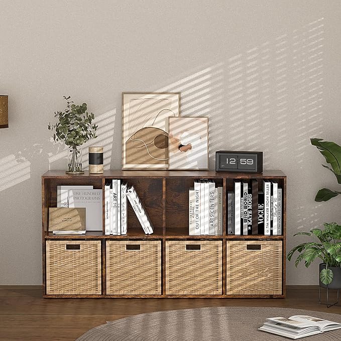 Wooden 8 Cube Storage Organizer with Closed Back Panel,Brown Cube Shelf Cubby Storage Organizers with Compartments for Living,Bookshelf,Organizers Easy to Install (Retro Brown, 8 Cube)