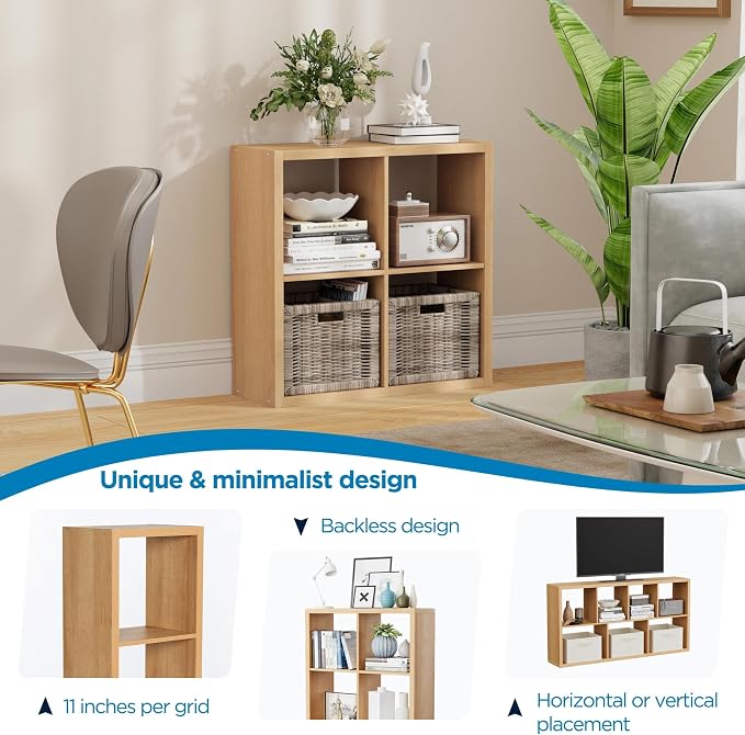 4 Cube Storage Organizer, Cubby Storage Shelf, 2x2 Cube Bookshelf, Wooden Organizer Shelf with Thickened Boards, for Closet Bedroom Home Living Room, 25.12" L x 9.37" W x 25.12" H, Natural-Oak