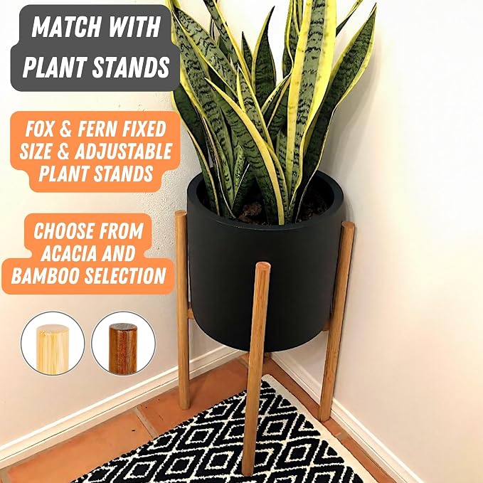 Fox & Fern Large Indoor Planter, Modern Large Plant Pot for Indoor or Outdoor, UV and Frost Resistant - 8 Inch, Fiberstone, Matte Black Flower Pot with Drainage Plug, Lightweight