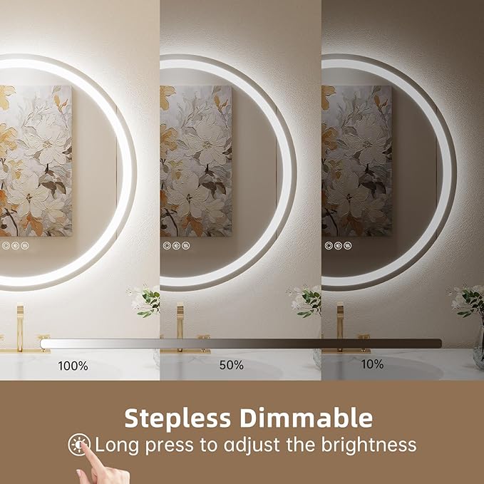 LOVESPEJO 30" Round LED Bathroom Mirror with Lights, Circle LED Mirror for Bathroom, Fogless, Dimmable, 3 Colors Changing, IP54, Shatter-Proof