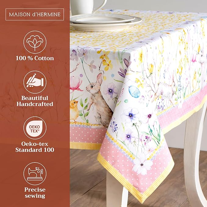Maison d' Hermine Table Cloth Rectangle Table 100% Cotton 60 x 108 Inches Tablecloth Reusable Decorative for Dining Room Farmhouse Home Valentines Day Decorations Spring Summer - Easter Zest