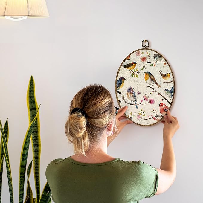 AEHIE Vintage Bird Oval Wall Art Decor, Rustic Floral Birds Canvas Artwork Framed, Cottagecore Country Bird Flower Oval Wall Art for Home Bedroom Living Room Decor, 11x8.5 Inches