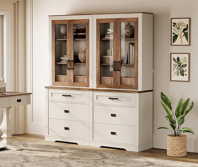 WAMPAT 2 Column 73.3" Tall Bookcase with Glass Door, 63" Wide Rustic Wood Bookshelves with Chest of Drawers, Modern Farmhouse Display Storage Cabinet with Adjustable Shelves for Home,Office,White&Oak
