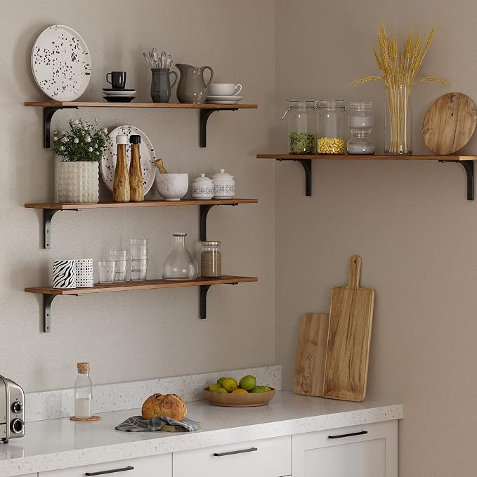 DINZI LVJ Long Wall Shelves, 39.4Inch Wall Mounted Shelves Set of 4, Extra Large Floating Storage Ledges with Sturdy Metal Brackets for Living Room, Bathroom, Bedroom, Kitchen, Rustic Brown