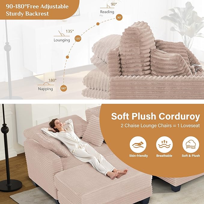 Oversized Chaise Lounge Chair Indoor with Adjustable Backrest, USB, Cup Holder & Ottoman, Firm Solid Wood Frame with Long Service Life Corduroy Oversized Lounge Reading Chair for Study Room - Pink