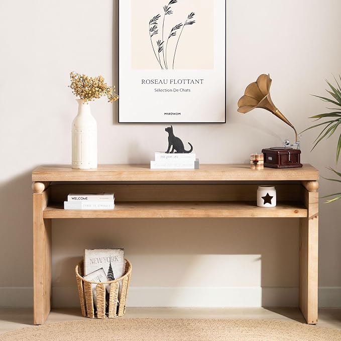 Wood Console Table, 59" Retro Narrow Long Sofa Table Behind Couch with with Open Shelf and Engineered Wood Finish for Hallway Entryway Living Room Entrance, Natural