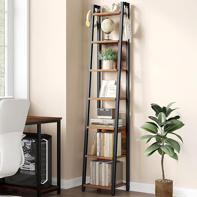 Hzuaneri Ladder Shelf, 7-Tier Narrow Bookshelf with 2 Back Panels, Industrial Ladder Shelf with 2 Hooks, for Home Office, Living Room and Bedroom, 12.2" D x 12.2" W x74.2''H, Rustic Brown BC31701B