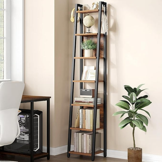Hzuaneri Ladder Shelf, 7-Tier Narrow Bookshelf with 2 Back Panels, Industrial Ladder Shelf with 2 Hooks, for Home Office, Living Room and Bedroom, 12.2" D x 12.2" W x74.2''H, Rustic Brown BC31701B