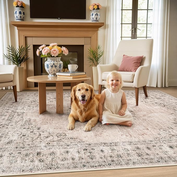 Area Rug 6x9 Vintage Rug: Washable Indoor Medallion Rugs Low Pile Distressed Floor Carpet Retro Accent Rug for Living Room Bedroom Kitchen Dining Table Home Office(Distressed Brown, 6'x9')