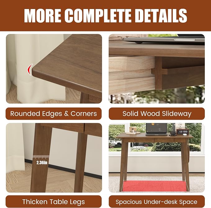 Solid Wood Desk with Drawers - 39 x 16 Inch Modern Narrow Desks, Rubber Wood Study Table, Small Writing Desk for Small Spaces|Bedroom - Black Desks
