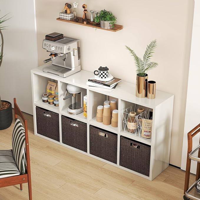 IRONMIX Metal 8 Cube Storage Organizer, White Short Bookshelf with Storage, Horizontal TV Stand, Modern Cube Storage Shelf Small Cube Bookshelf for Living Room, Office, Library, Study, Easy Assembly