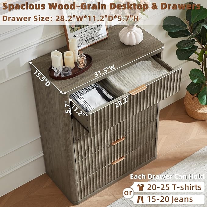 LEYAOYAO Fluted 5 Drawers Dresser Set of 2, 41" Tall Modern Chest of Drawers with Metal Handle, Curved Profile Dresser TV Stand, Wooden Drawer Organizer for Bedroom, Living Room, Hallway,Grey