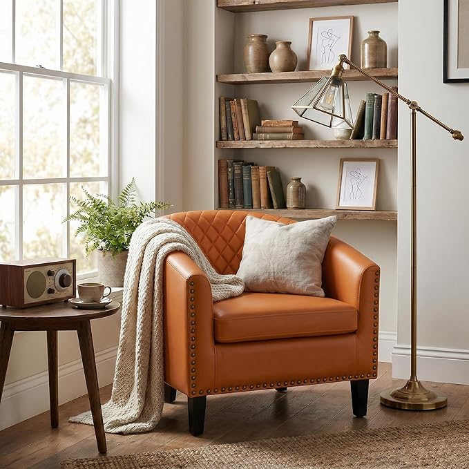 QQU Barrel Accent Chair, Retro PU Leather Club Chair with Nail-Heads, Upholstered Armchair for Living Room, Bedroom, Waiting, Office (Orange)