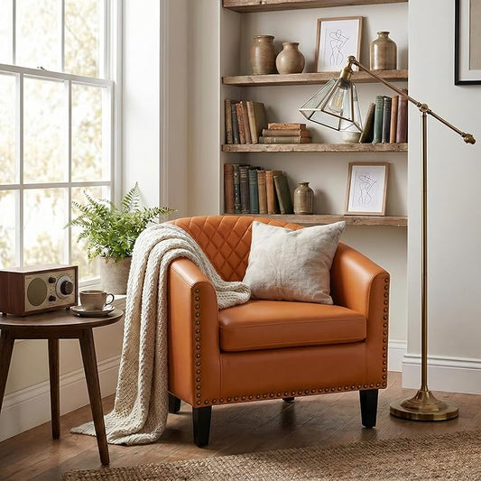 QQU Barrel Accent Chair, Retro PU Leather Club Chair with Nail-Heads, Upholstered Armchair for Living Room, Bedroom, Waiting, Office (Orange)