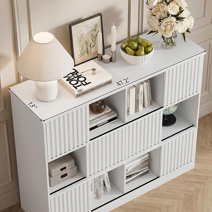 Einhomn 12 Cube Storage Organizer with Sliding Doors, Modern Fluted Bookshelf with Storage Cabinet, Wooden Bookcase with 6 Open Shelves for Living Room, Home Office, Bedroom, White