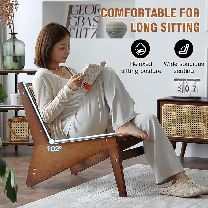 Mid Century Modern Accent Chair for Living Room, Low Lounge Chair with Solid Wood Frame, Comfy Armchair for Bedroom and Balcony, Walnut