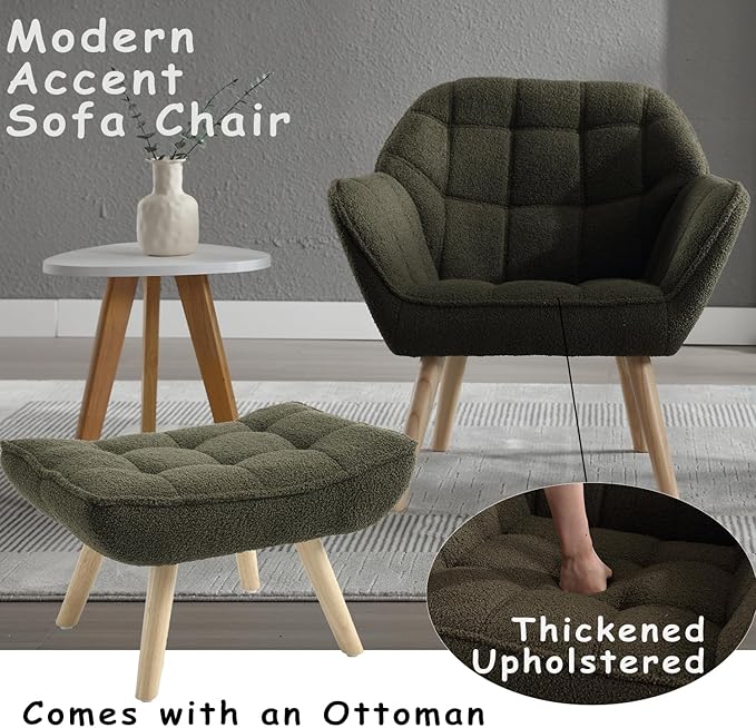 Sherpa Accent Chair with Ottoman, Modern Fuzzy Reading Chair with Ottoman Upholstered Armchair with Wood Legs Comfy Lounge Chair for Small Spaces Living Room Bedroom Book Nook, Green
