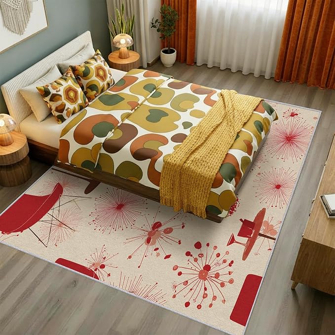 50s Retro Rug 6x9 60s 70s Mid Century Modern Pattern Area Rugs for Living Room, Bedroom, 50s Retro Home Decor Accessories Indoor Carpet, Non Slip & Machine Washable