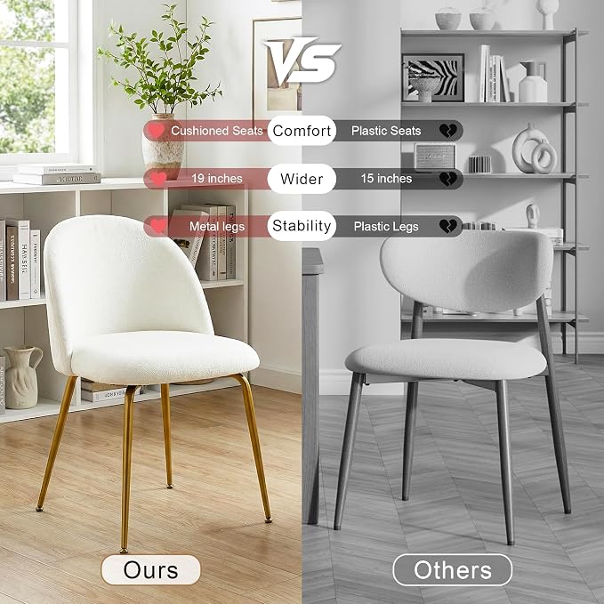Casaphoria Dining Chairs Set of 2, Modern White and Gold Upholstered Accent Chairs with Metal Legs, Ergonomic Comfy Vanity Chair for Kitchen, Living Room, and Bedroom