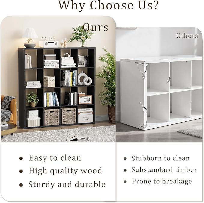 Cube Storage Organizer Bookcase, Decorative 11 inch Open Back Cubical Shelf with Thickened Border, Display Bookshelf for Living Room, Home Office, Sturdy Room (Black, 16 Cube)