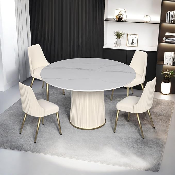 Leavader 53'' Round Dining Table Set, White Sintered Stone Tabletop and Cylindrical Base, 1 Table and 4 Chairs Set for Dining Room/Living Room/Kitchen