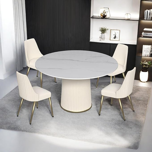 Leavader 53'' Round Dining Table Set, White Sintered Stone Tabletop and Cylindrical Base, 1 Table and 4 Chairs Set for Dining Room/Living Room/Kitchen