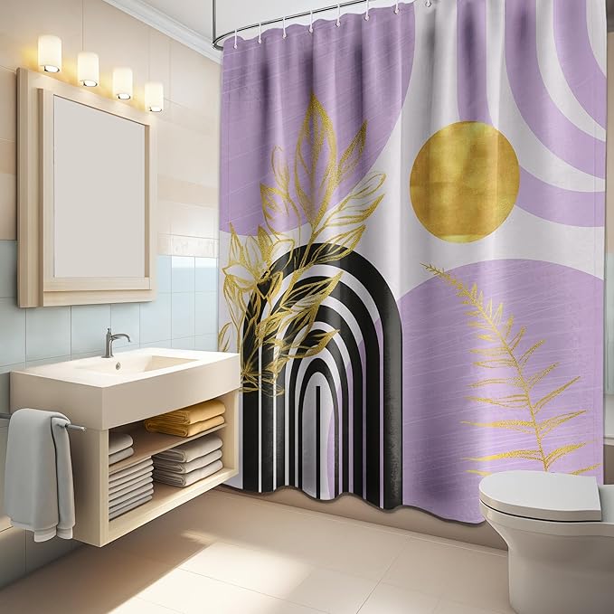 Mid Century Modern Black and Purple Shower Curtain Boho Lavender Light Purple and Gold Shower Curtains for Girls Bathroom Decor Sets, Waterproof Cloth Fabric with Hooks, 70x96in