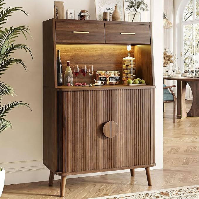 Decofy 47.2" Sideboard Buffet Cabinet with LED Light & Sliding Door, Modern Storage Cabinet with Adjustable Shelf &2 Drawers, Coffee Bar for Kitchen, Entryway(Oak) (Walnut)