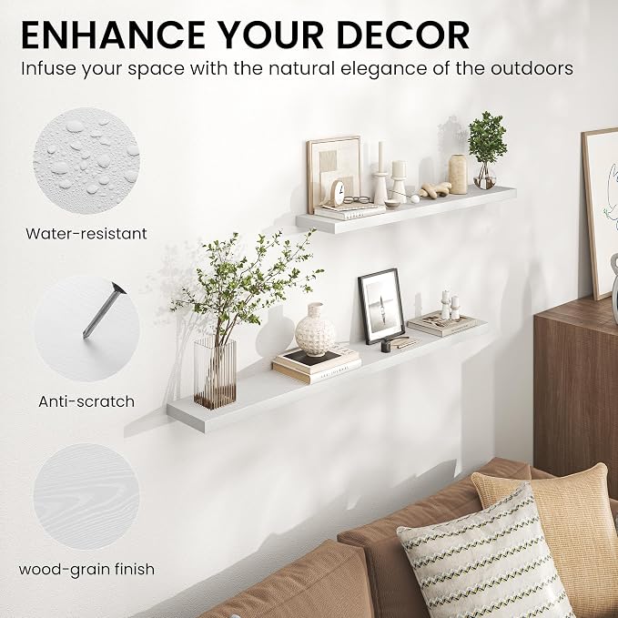 Heimlove 36 Inch Floating Shelves for Wall,Mounted Storage & Display Wood Shelves with Invisible Brackets,Hanging Shelf for Bedroom Living Room Kitchen Office,Set of 2,White