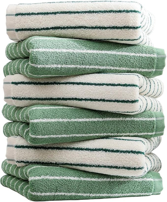 Green Stripe Towels Set of 6，Ultra-Absorbent & Quick-Drying Bathroom Hand Towels 100% Cotton Face Towels, Soft Hand Towels for Bathroom，13” x 29”
