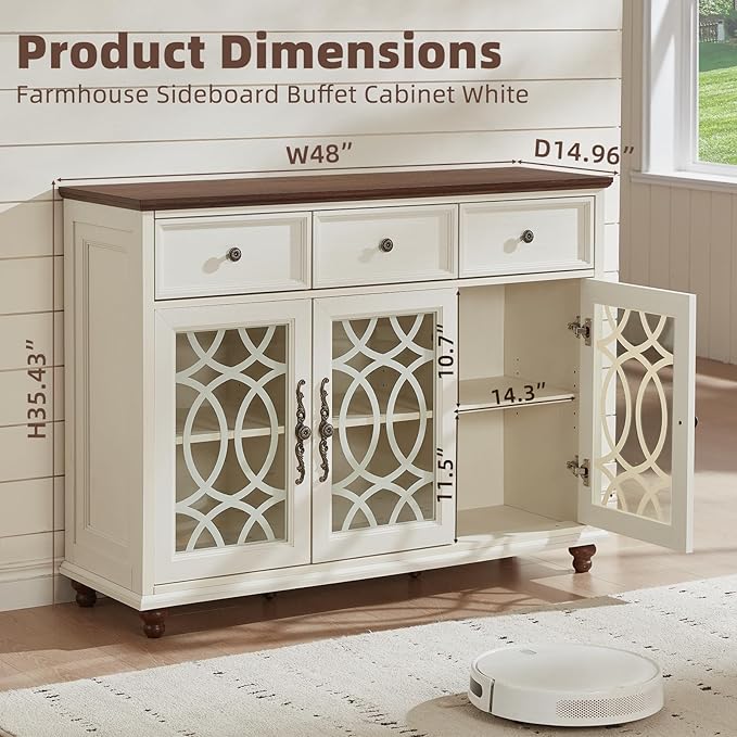 Farmhouse Sideboard Buffet Cabinet with Storage,48" Large Credenza with 3 Glass Doors & 3 Drawers,Adjustable Shelves Console Table,Wood Kitchen Coffee Bar for Dining Room,Living Room,White