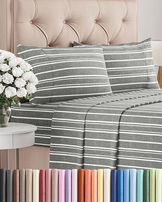 Cal King Size 4 Piece Sheet Set - Comfy Breathable & Cooling Sheets - Hotel Luxury Bed Sheets for Women & Men - Deep Pockets, Easy-Fit, Soft & Wrinkle Free Sheets - Grey Stripes Oeko-Tex Bed Sheet Set