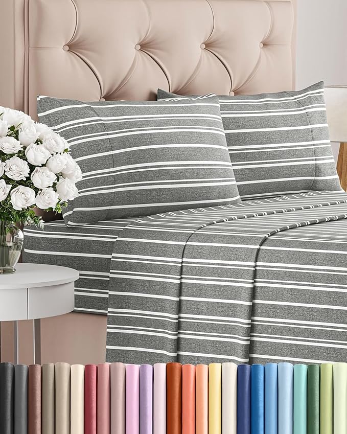 Queen Size 4 Piece Sheet Set - Comfy Breathable & Cooling Sheets - Hotel Luxury Bed Sheets for Women & Men - Deep Pockets, Easy-Fit, Soft & Wrinkle Free Sheets - Grey Stripes Oeko-Tex Bed Sheet Set
