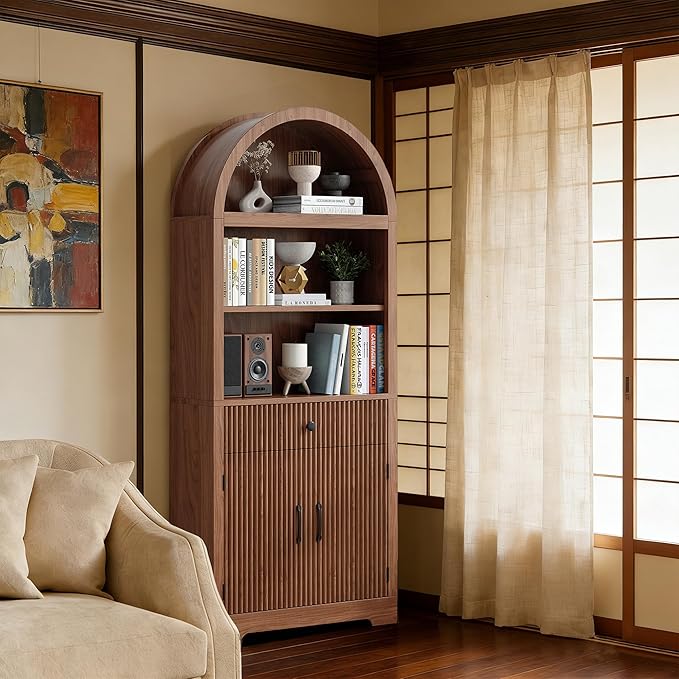 Farmhouse Arched Bookshelf, Mid-Century Modern 5-Tier Curved Cabinet with Door, Wooden Bathroom Storage Cabinet, Kitchen Pantry Cabinet for Living Room, Kitchen，Home Office, Walnut