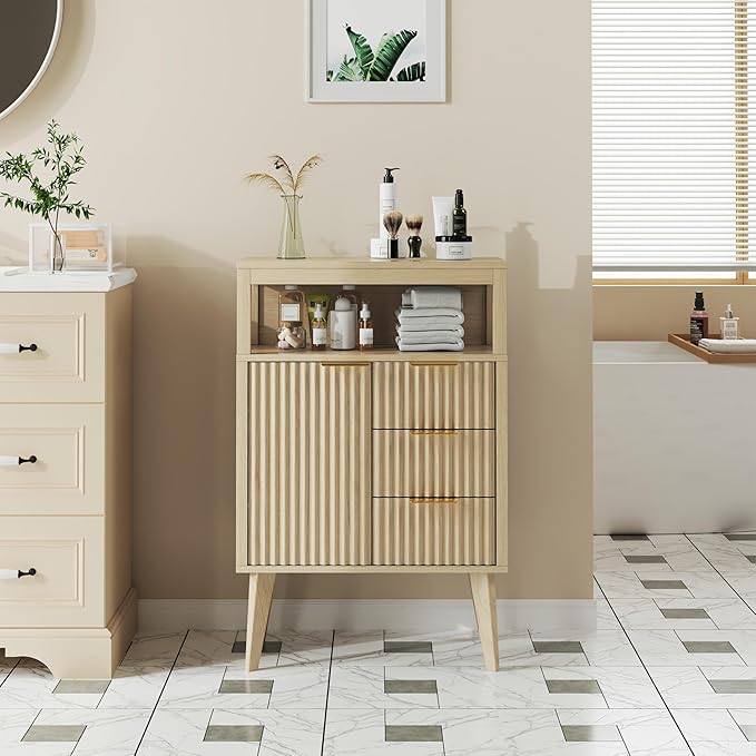 Natural Wood Bathroom Floor Cabinet with 3 Fluted Drawers & Door, Modern Storage Sideboard with Open Shelf, Coffee Bar Station for Living Room, Entryway, 23.6 x 11.8 x 34.6 Inches