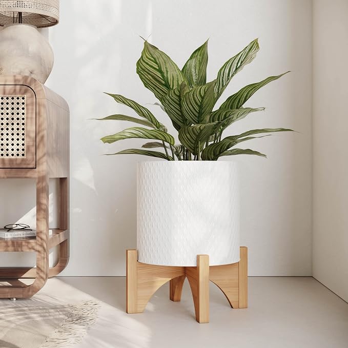 EverNest Claire Boho Modern White Planter with Arch Wood Stand, Indoor Mid-Century Plant Pot, SelectBase, Minimalist Planter Stand Home Décor (Medium, 2 Gallon)