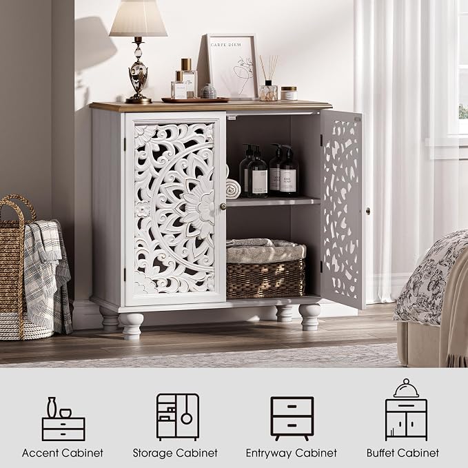 JOINICE White Accent Cabinet with Walnut Finish Top, 31" Farmhouse Storage Cabinet with Carved Doors for Living Room, Sideboard Buffet for Dining Room, Solid Wood Legs