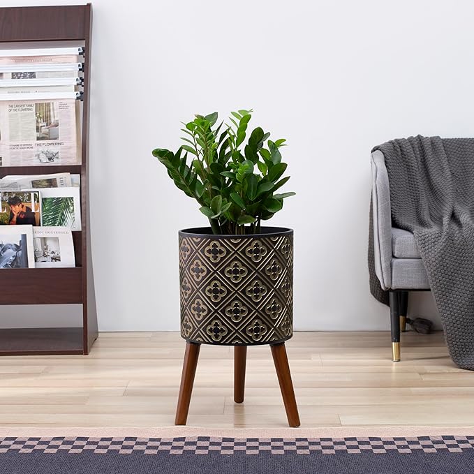 nacltlo12 Inch Plant with Stand Planter for Indoor Plants Large Modern Mid-Century Plant Pots Indoor Outdoor with Drainage for Home Garden Patio,Black and Gold