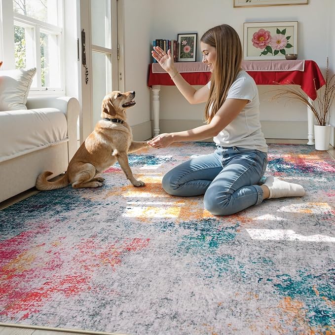Beeiva Abstract Large Carpet for Living Room 8x10, Modern Washable Non Slip Area Rugs, Ultra Thin Foldable Lightweight Low Pile Rug for Dining Room Bedroom Playroom Office - Ivory Blue