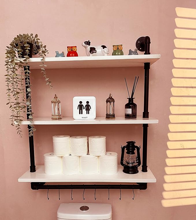 ROGMARS Industrial Pipe Shelving Floating Shelves with Towel Rack,3 Tier 30 inch Retro White Rustic Bathroom Shelves Farmhouse Pipe Wall Shelves for Kitchen Storage,Living Room