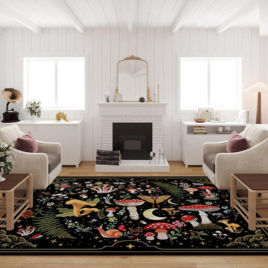 Mushroom Moth Area Rugs for Living Room Dining Room Bedroom Farmhouse, Non-Slip Machine Washable Black Rug Carpet 5'x7', Witchy Living Room Decor Aesthetic