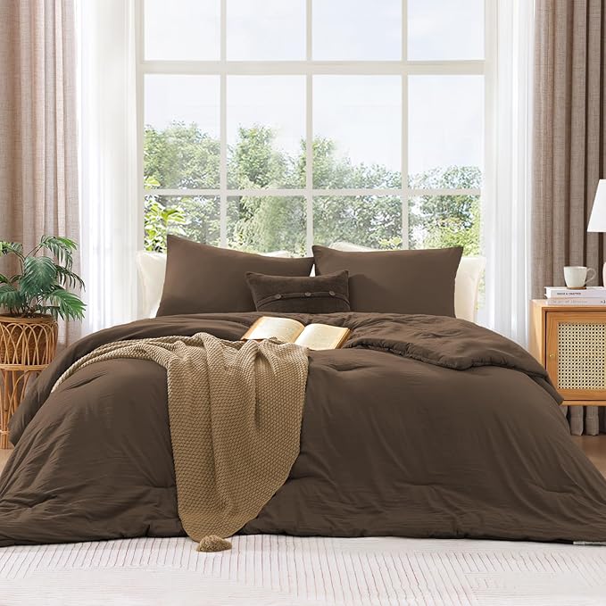 WRENSONGE King Size Comforter Set - 3 Pieces Chocolate Brown Comforter Prewashed Soft Lightweight for All Seasons,Fluffy Down Alternative Comforter King Size with 2 Pillow Shams