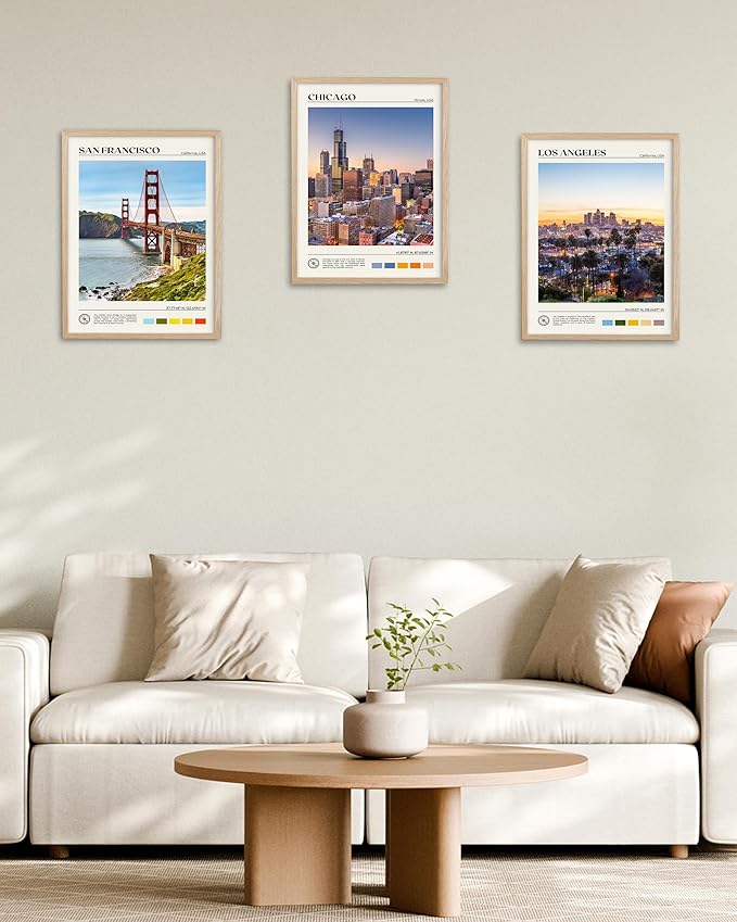 HesenDot Natural OAK Wood Los Angeles Cityscape Framed Wall Art,12x16in City Skyline Canvas Wall Print,Modern Urban Landmark Wall Decor for Living Room,Bedroom,Office Gallery Gifts Set of 1